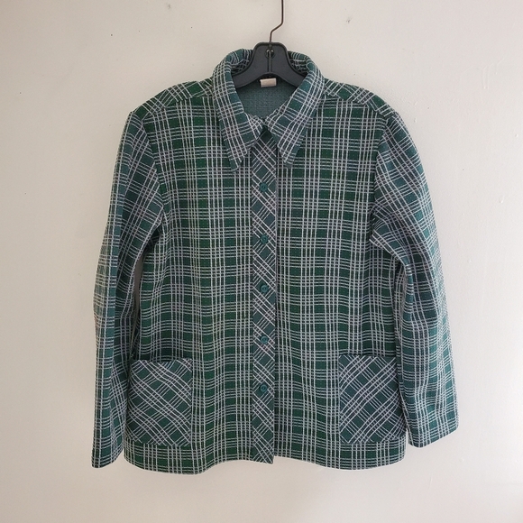 70s Vintage Forest Green Plaid Dagger Collar Top - Picture 2 of 8